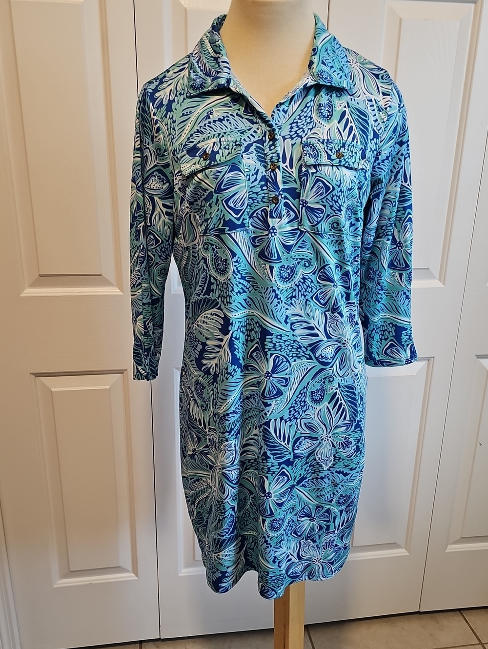 Stella Parker Shift Womens Shirt Dress Jersey Fabric Button Chest Pockets Small